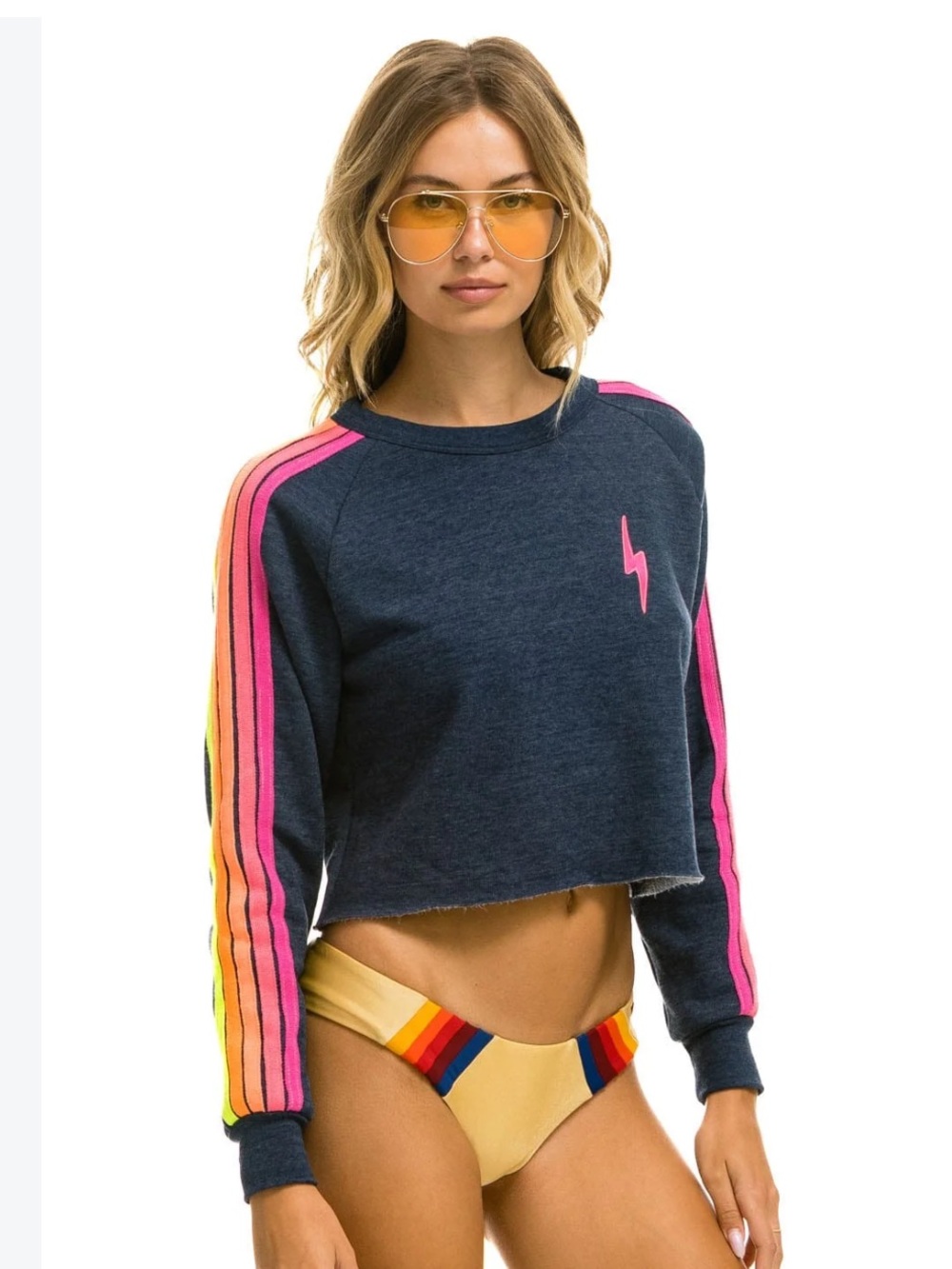 Aviator Nation Bolt Stitch Cropped Crew Heather Navy Size Medium Blue 5-Stripe